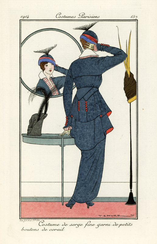 Woman in fine serge suit with coral buttons looking von Victor Lhuer