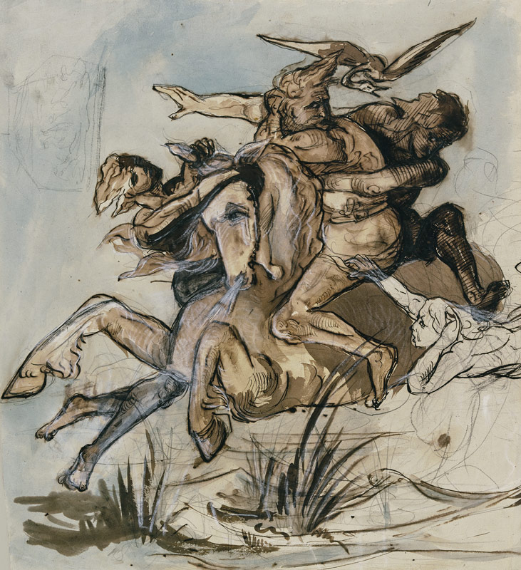 Bärtiger Mann in Begleitung eines Vogels auf einem Pferd im gestreckten Galopp, drei Gestalten suche von Victor Müller