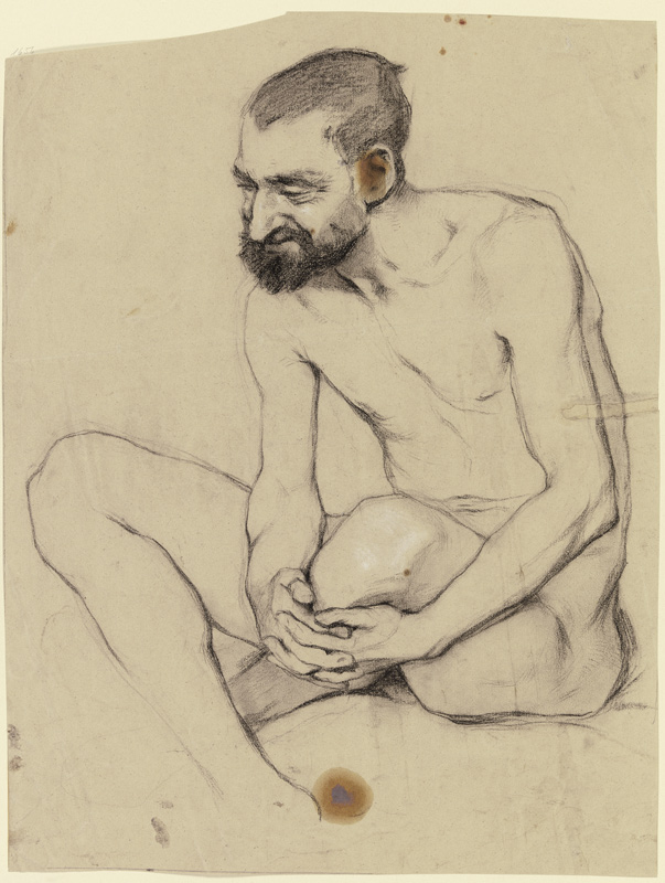 Sitzender männlicher Akt mit gekreuzten Beinen, die Hände um das linke Knie gefaltet von Victor Müller