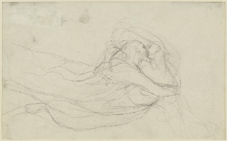 Schwebendes Paar in Umarmung, einander küssend (Dante und Beatrice?, Francesca und Paolo?)
