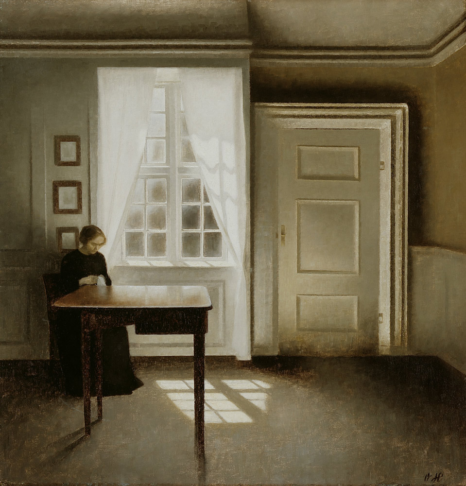 Interieur mit nähender Frau von Vilhelm Hammershoi