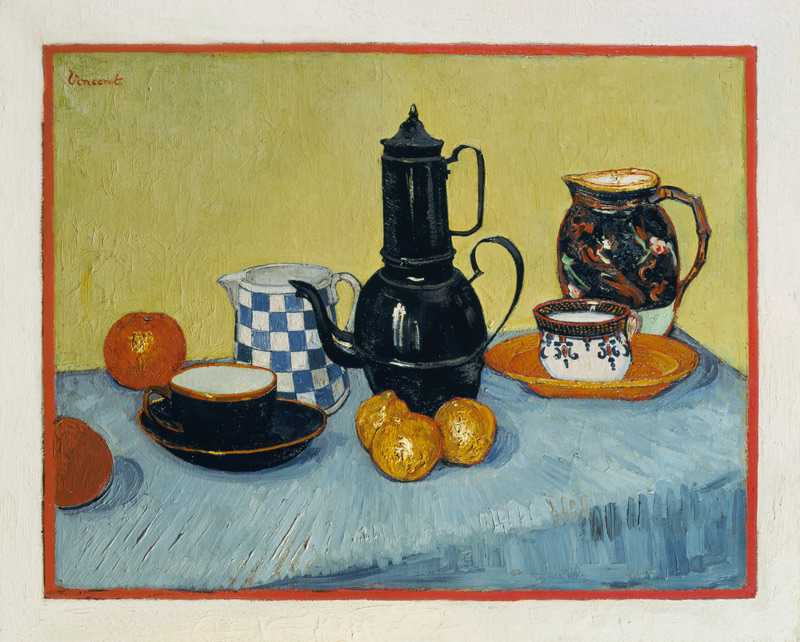 Stilleben mit Kaffeekanne, Geschirr und Früchten von Vincent van Gogh