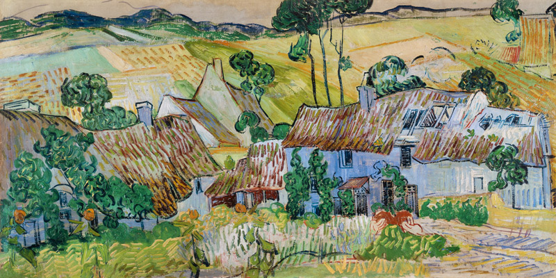 Strohgedeckte Häuser vor einem Hügel von Vincent van Gogh