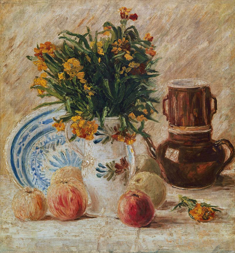 Vase of flowers with a coffee pot and fruit von Vincent van Gogh