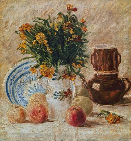 Vase of flowers with a coffee pot and fruit 1887