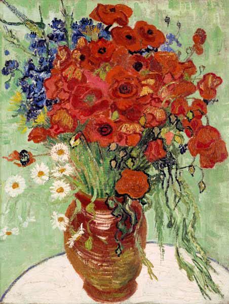 Stillleben, Vase mit Margeriten und Mohnblumen