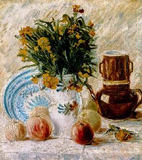 Vase of flowers with a coffee pot and fruit