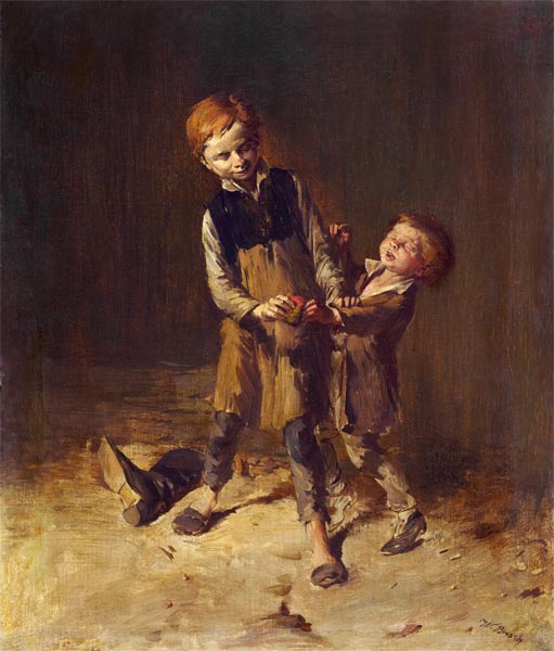 Zwei Schusterjungen balgen sich um einen Apfel von Wilhelm Busch