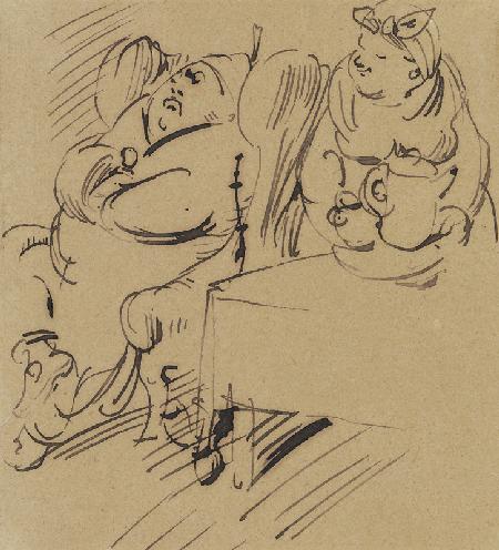 Frau Knopp serviert ihrem Mann Kaffee