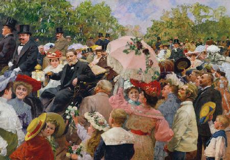 Karl Lueger, Bürgermeister von Wien, in der Kutsche beim Blumenkorso im Prater.