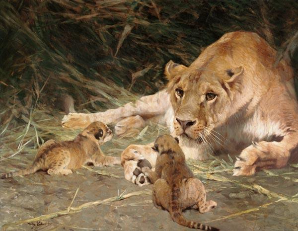 A Lioness and Her Cubs