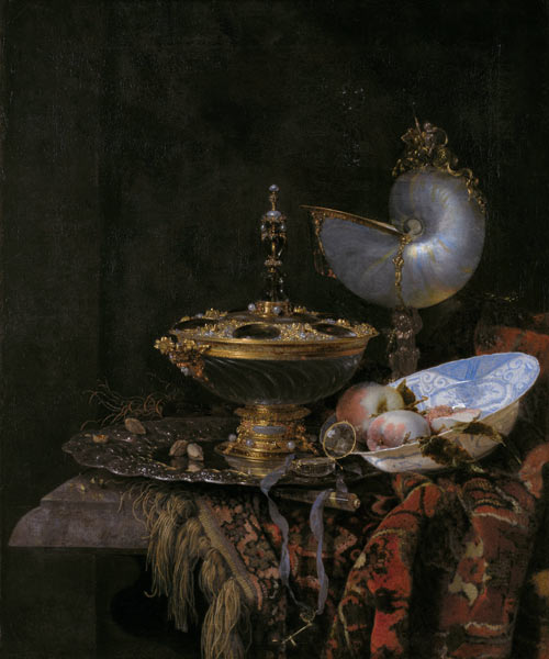 Prunkstilleben mit Holbein-Schale, Nautilusbecher, Glaskelch und Obstschale von Willem Kalf