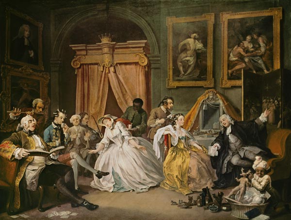 Morgendlicher Empfang der Comtesse. Aus der Serie " Marriage a la mode " von William Hogarth