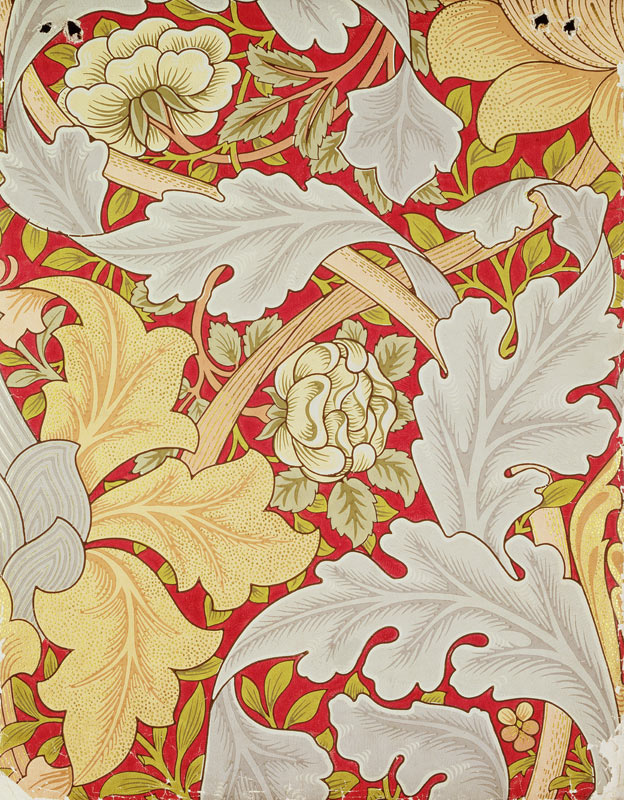 Acanthus leaves and wild rose on a crimson background, wallpaper design von William  Morris